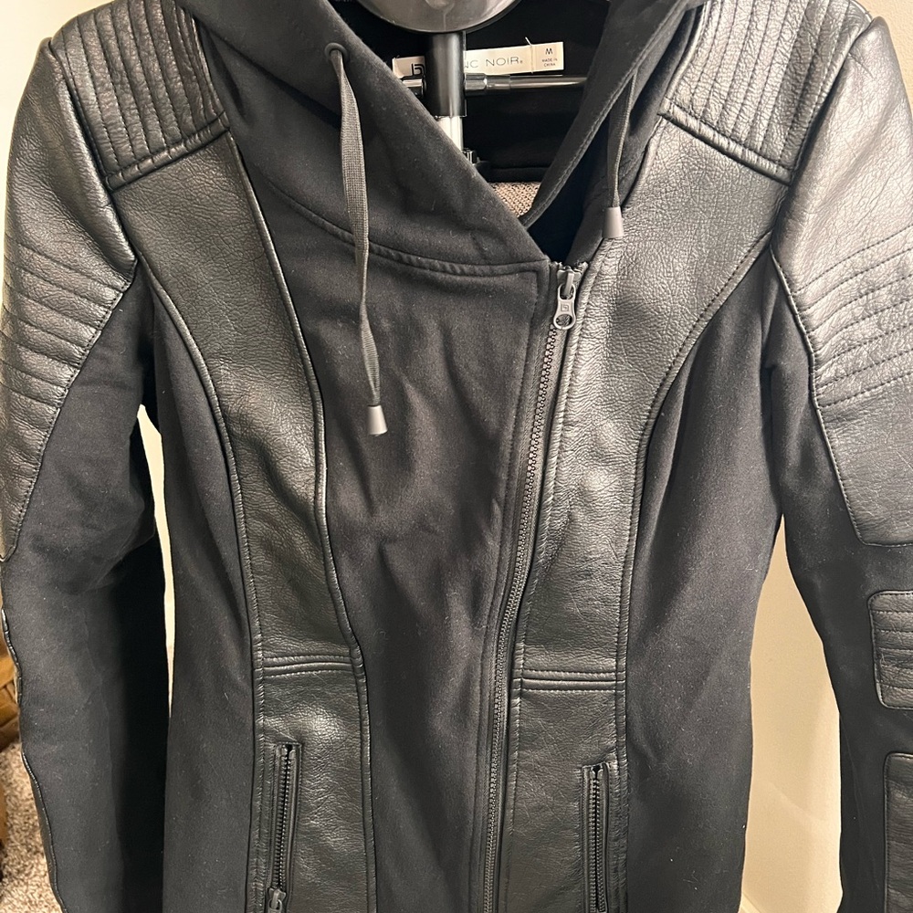 Blanc Noir Black Leather Jacket Asymmetrical Zipper Quilted Details